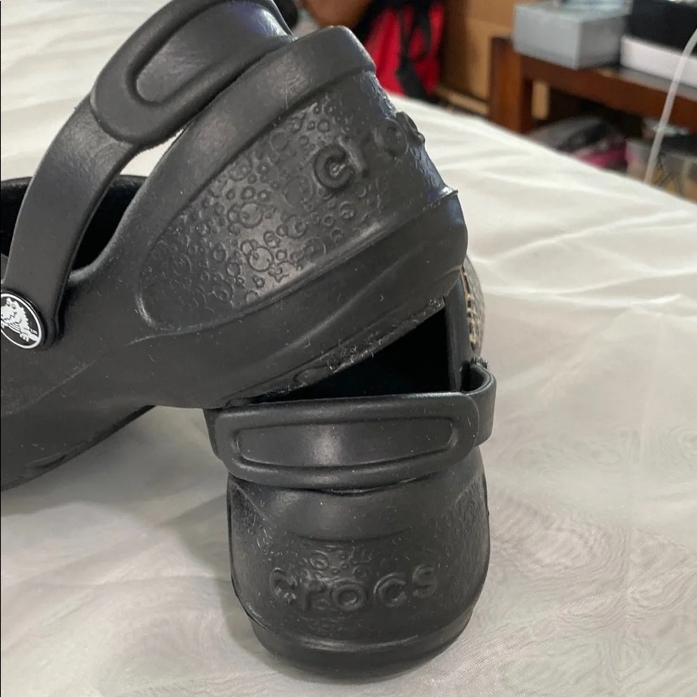 CROCS Black and Leopard Print Sandals